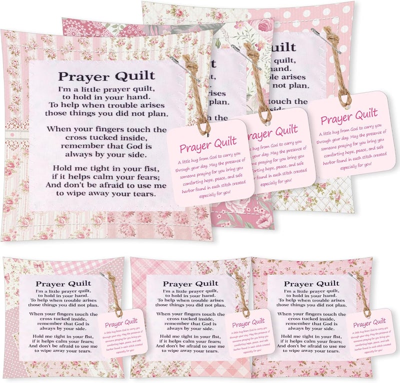 Keluna Prayer Quilt with Cross Inside - 6Pack Pink Mini Pocket Prayer Quilt Square with Scripture Poem, Handmade Faith Religious Church for Christian Pastor Cancer Patients Familes - Image 1